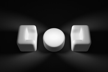3D render 2 white cartoonish soft chairs stand against each other, between them is a coffee table. Concept of monochrome marshmallow-like armchairs. Interview room