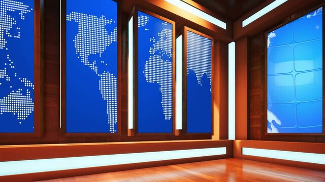 wooden TV studio 3d rendering	, Virtual broadcast studio with world map video