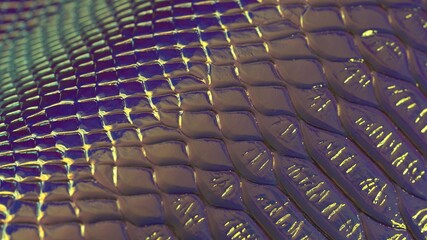Snakeskin Iridescent texture close up. Glittery purple and gold holographic background
