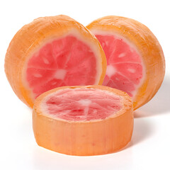 Three round fruit grapefruit caramel on a white background