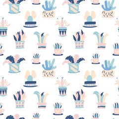 Colorful succulents and cacti plants. Home garden. Background pattern in vector.