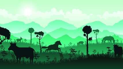 Fototapeta na wymiar Lime Sky Background Vector Silhouette Livestock On The Field