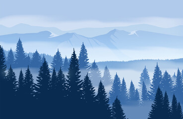 Winter mountains landscape and a foggy forest. 