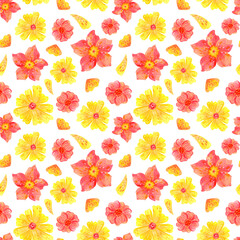 Seamless pattern abstract, spring, pink, yellow flowers for a festive decoration and design. Bright children's, watercolor illustration, plants, white background