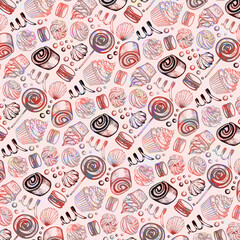 Naklejka premium Etching vintage seamless pattern with macaroon, roll, merengue,and other delicious.