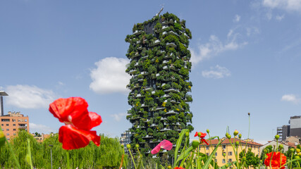Milano, Italy. Bosco Verticale, view at the modern and ecological skyscraper with many trees on...