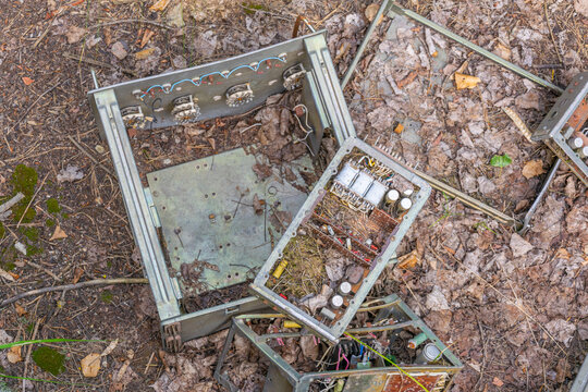Broken electronics in front of Radar Duga station in the Ukraine