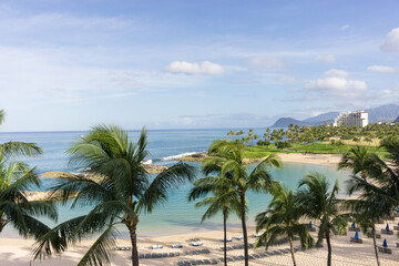 Fototapeta na wymiar Vacation view from the resort balcony in tropical scenic Oahu Hawaii