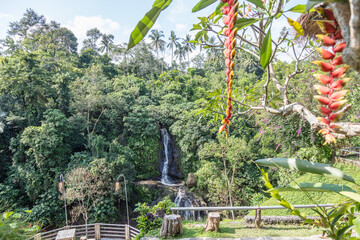 Fototapeta premium Layana waterfall in the jungle in Ubud. Gianyar, Bali, Indonesia. Tropical lush landscape. Destination holidays. 
