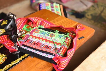 Hand embroidered Lahu hill tribe textile bag, Myanmar, Shan State