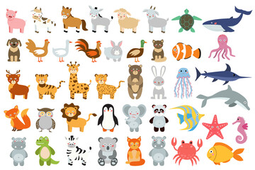 Mega collection of baby animals, fish and birds. simple illustrations understandable to the child. teaching children. vector clip art isolated on white background. cartoon style.