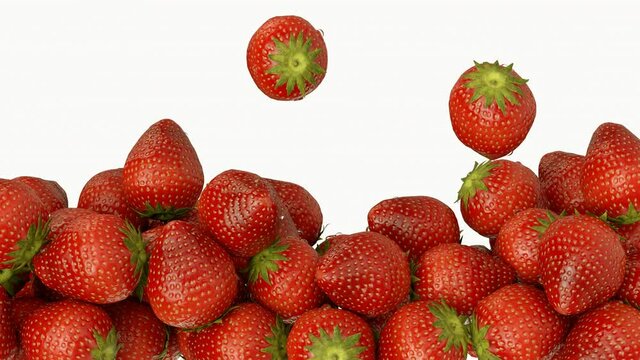 Close up render 4k. A lot of ripe strawberries fall on top and fill the screen. Perfect abstract background for natural products and healthy eating. Berries close up