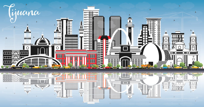Tijuana Mexico City Skyline with Color Buildings, Blue Sky and Reflections.