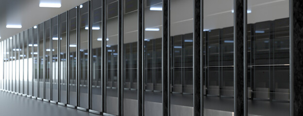 Servers. Server data center. Backup, hosting, mainframe, farm and computer rack with storage information. 3d render