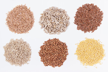 Nutritious natural products and ingredients containing vitamins for healthy thyroid. White background