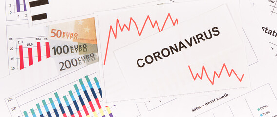 Currencies euro with downward graphs representing financial crisis caused by coronavirus. Covid-19