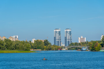 Cityscape of Kyiv viewed behind Dnieper river in the Ukraine