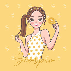 Scorpio : Pretty girl with horoscope sign on pastel background :Vector Illustration