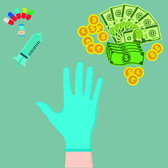 Illustration of a doctor's hand, represents the decision a doctor makes between money and health.