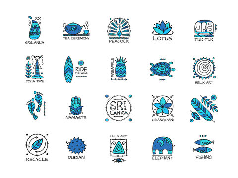 Sri Lanka travel, icons set. Tribal elements for your design