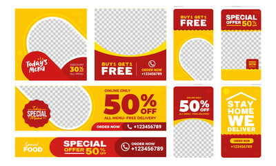 Social media post template design. Set of Editable fast food restaurant frame banner. Red and yellow background color. Suitable for web internet ads prmotion. Vector illustration with photo college.
