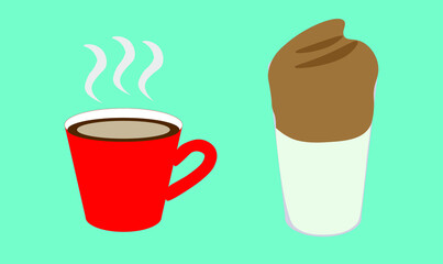 Cup of hot coffee and glass of cold Dalgona coffee.