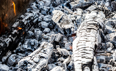 Burning coals in the barbecue grill. Close up.