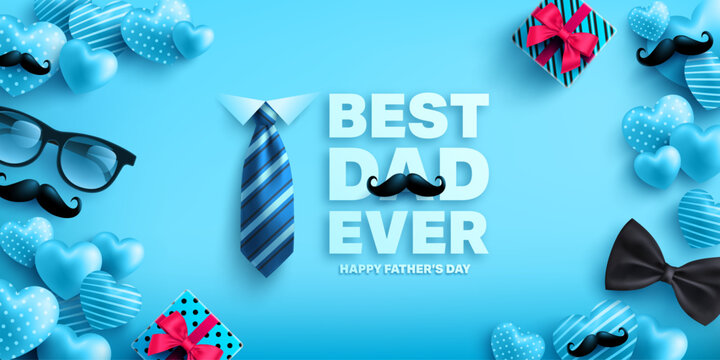 Happy Father's Day poster or banner template with cute heart,gift box,necktie and glasses.Greetings and presents for Father's Day.Vector illustration EPS10