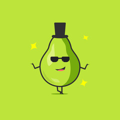 Funny cute pear character. Vector flat pear cartoon character using sunglasses and black hat. Isolated on green background. Pear fruit concept