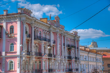 Colorful facades of decorated houses in central Kiev, Ukraine
