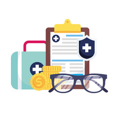 Medical kit shield document glasses and coins vector design