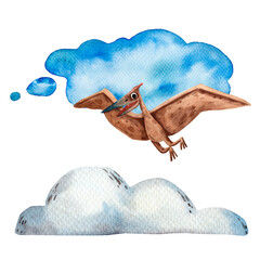 Cute watercolor pterodactyl. Blue and white watercolor clouds. Flying creature. Evolution of animals. Cartoon character. Giant jurassic reptile. Paleontology monster illustration. Prehistoric wings. © mashamashastu