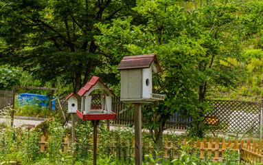 Fototapeta na wymiar White birdhouses in garden