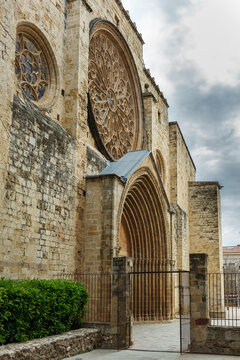Rose window on the facade of the Monestir de Sant Cugat church, Catalonia (Spain)