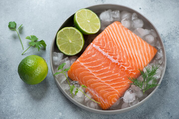 Round grey plate with raw iced salmon fillet and lime, elevated view on a light-blue stone background