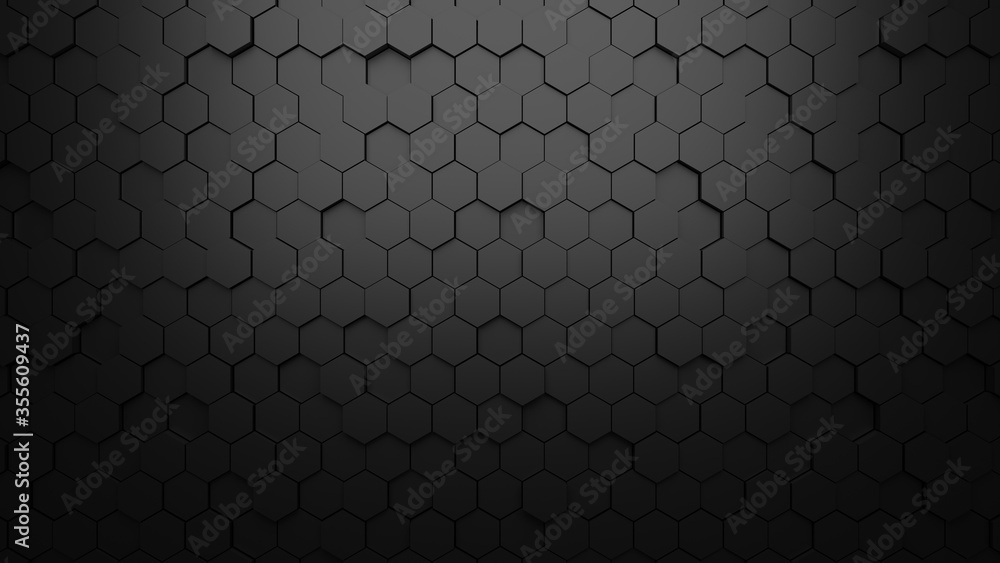 Poster black background texture 3d rendering, hexagon shape abstract background