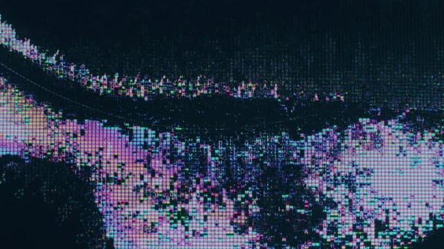 Iridescent glitch background. LCD damage. Colorful real digital pixel noise motion on teal blue.