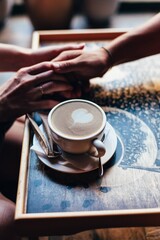 The couple in the cafe holds hands gently. A cup of coffee.