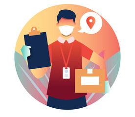 delivery man illustration who bring a box with board and pin location symbol