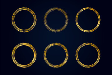Collection of round golden frames from laurel branches with foliage. Vector illustration