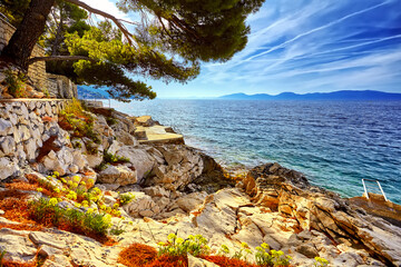 Amazing panorama of the adriatic sea under sunlight and blue sky. Dramatic and picturesque scene. Artistic picture. Croatia