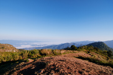 Beautiful mountains landscape. Sunrise on Phu Chi Fa, North Thailand.