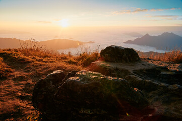 Beautiful mountains landscape. Sunrise on Phu Chi Fa, North Thailand.