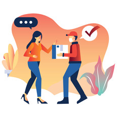 vector illustration of delivery man give a package to women