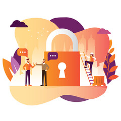 vector illustration of giant lock in the city with a pollice man stop a citizen its good for lock down situation