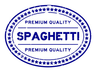 Grunge blue premium quality spaghetti word oval rubber seal stamp on white backgoround
