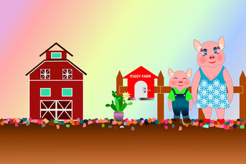 The drawing picture of the adorable young piggy and mom standing in front of his farm next to the mail box in the beautiful day, for background,  cards, illustration.