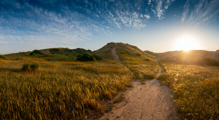 Panoranic view of the Negev desert hills near the Gaza Strip bondary at sunset