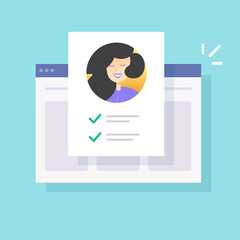 Personal identity web form check list document online on website or internet with customer profile info icon flat vector illustration, concept of employment or requirement icon, hire concept design