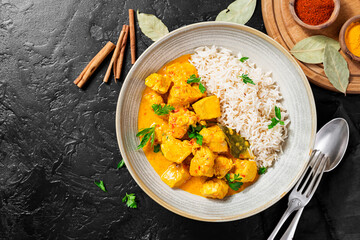 Chicken curry with rice - traditional indian food.